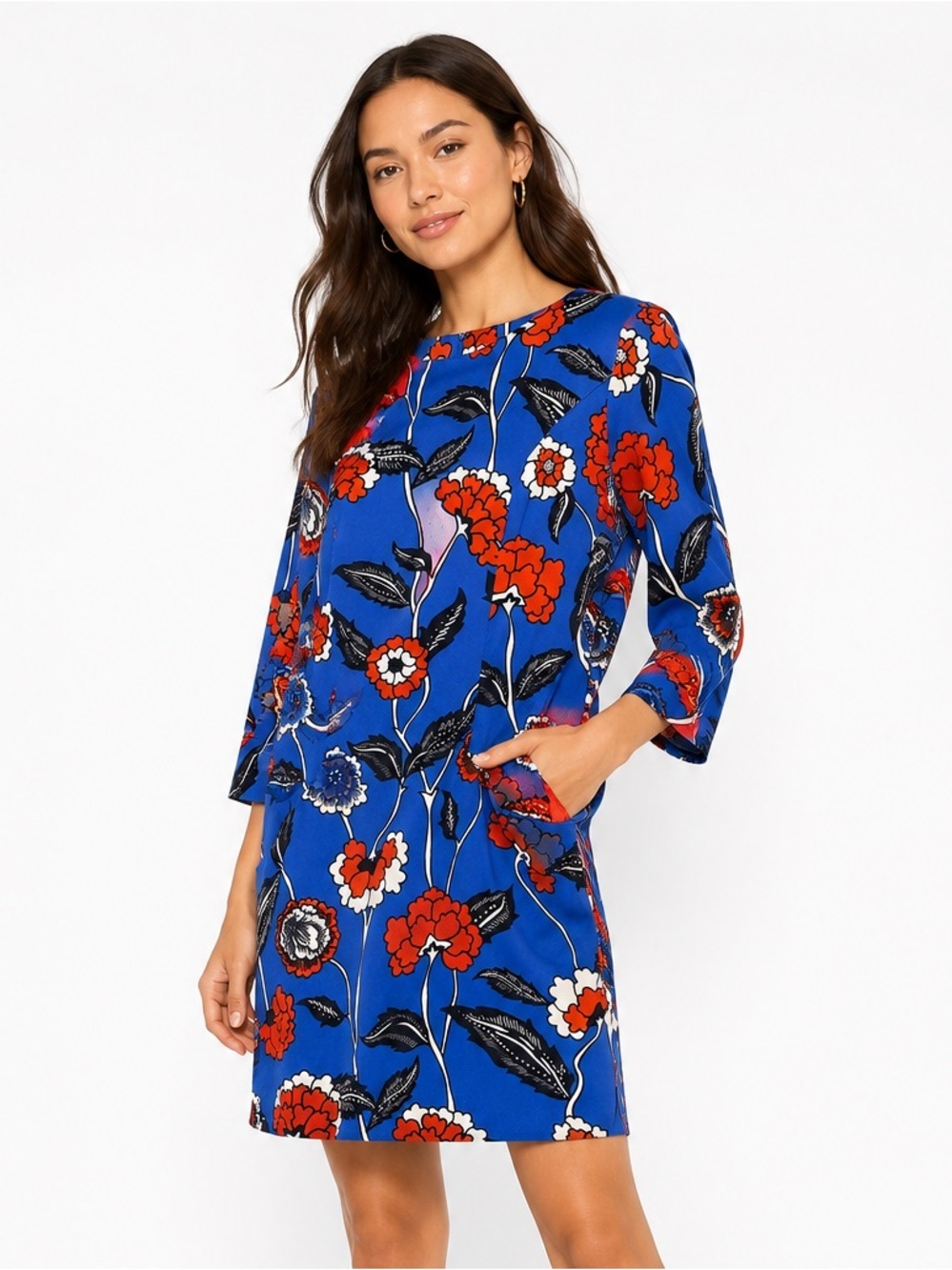 Boden Modern Shift Dress Royal Blue Red Floral Mini W/ Pockets 3/4 Sleeve US 4R